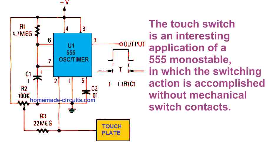 IC 555 monostable multivibrator circuit with touch control