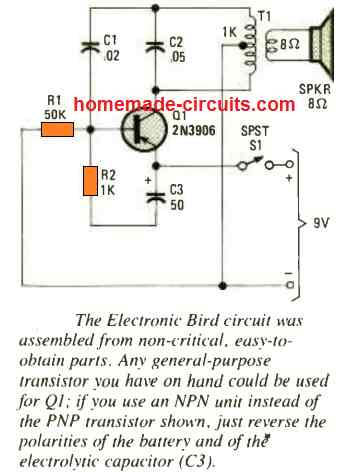 one transistor bird chirping sound simulator circuit diagram