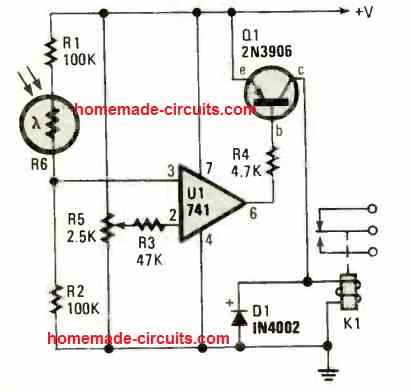 IC 741 Darkness Controller Relay circuit