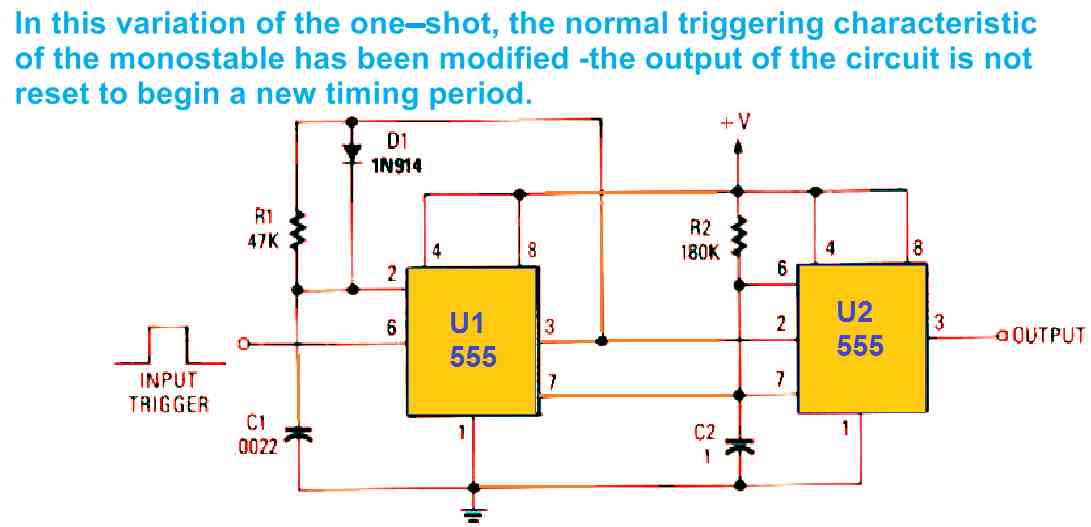 IC 555 monostable multivibrator with retriggerable one shot operation