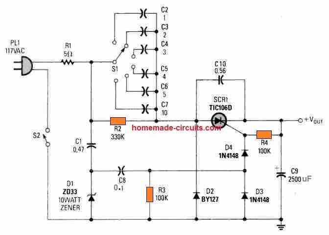 high current capacitive transformerless power supply circuit using thyristor control