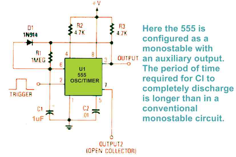 IC 555 monostable multivibrator circuit with two outputs