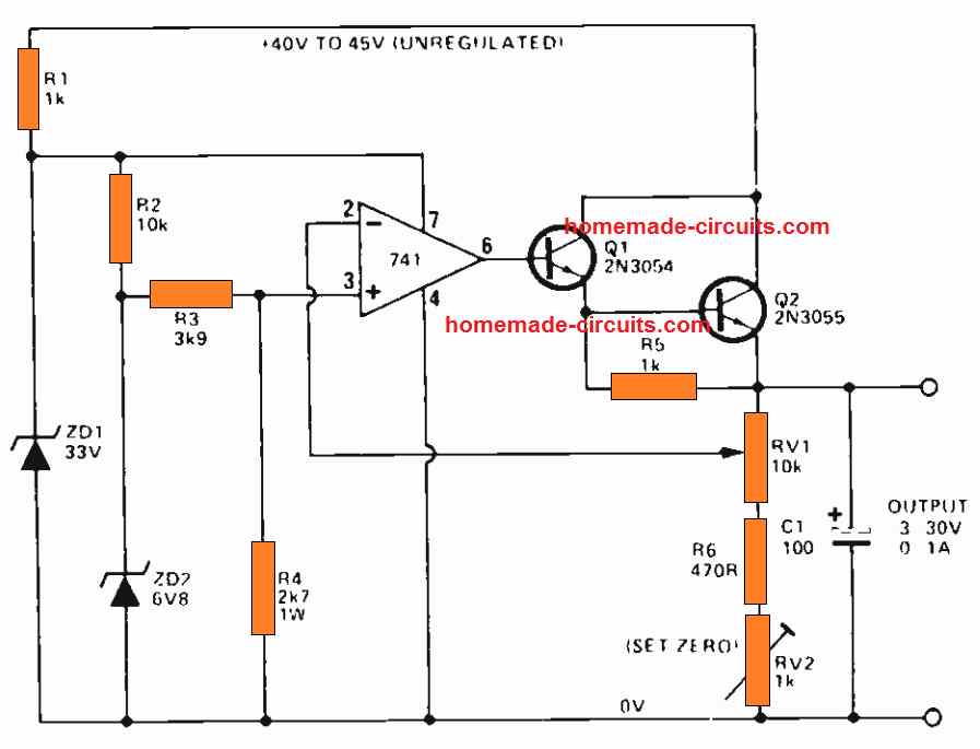 3 V to 30 V IC 741 Power Supply circuit
