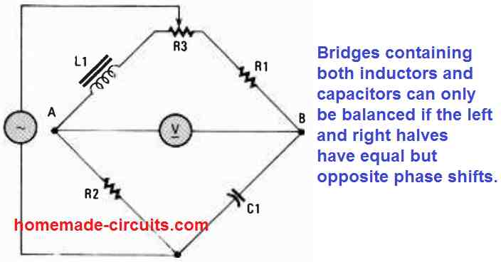 AC bridge circuit using capacitors and inductors