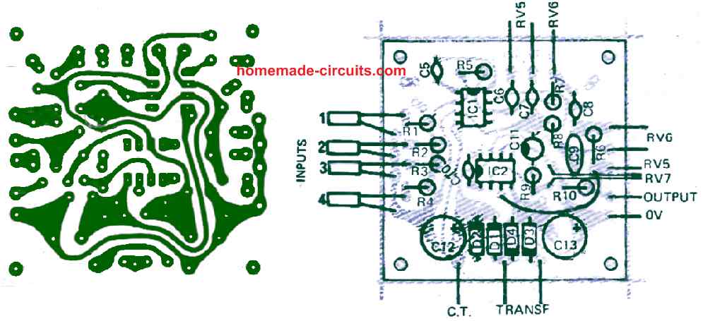 PCB design for 4 channel audio mixer circuit with bass treble controls