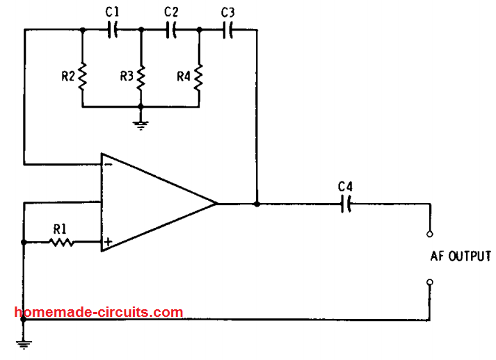 phase-shift resistance-capacitance audio frequency op amp oscillator circuit Diagram