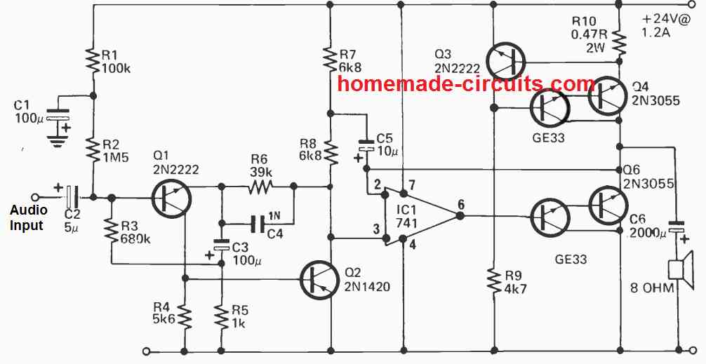 class A power amplifier circuit using 2N3055 transistors