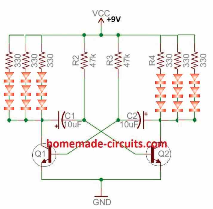 9+9 LED alternate flasher circuit