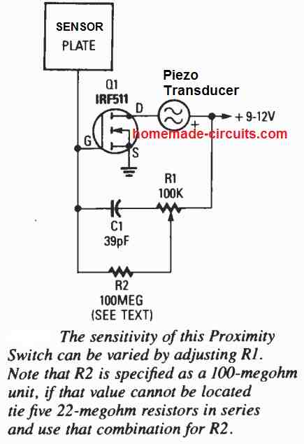 MOSFET Capacitive Proximity Sensor with Alarm circuit