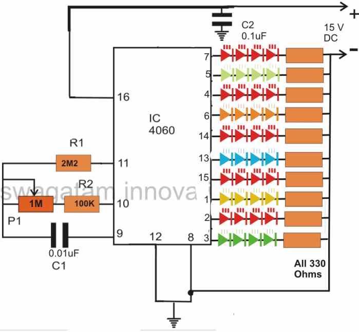 4060 IC based random multiple LED flasher circuit for Christmas tree decoration