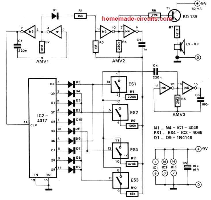 Wide Range Bird Sound Simulator circuit diagram
