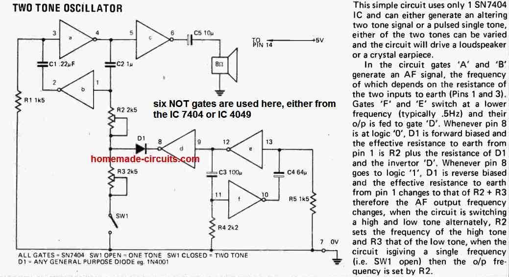 dual tone siren circuit using NOT gates