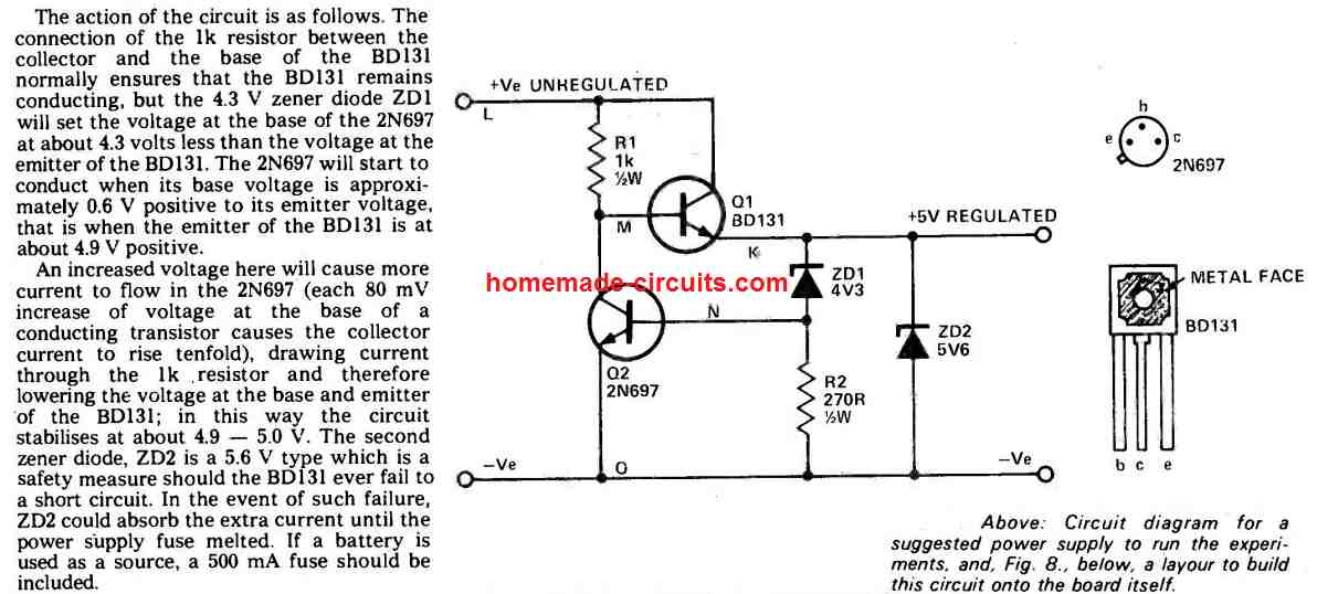 5V Stabilized Regulator circuit with transistors