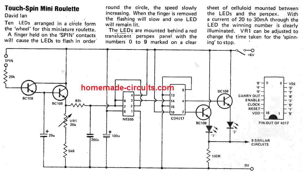 touch operated LED roulette wheel circuit diagram