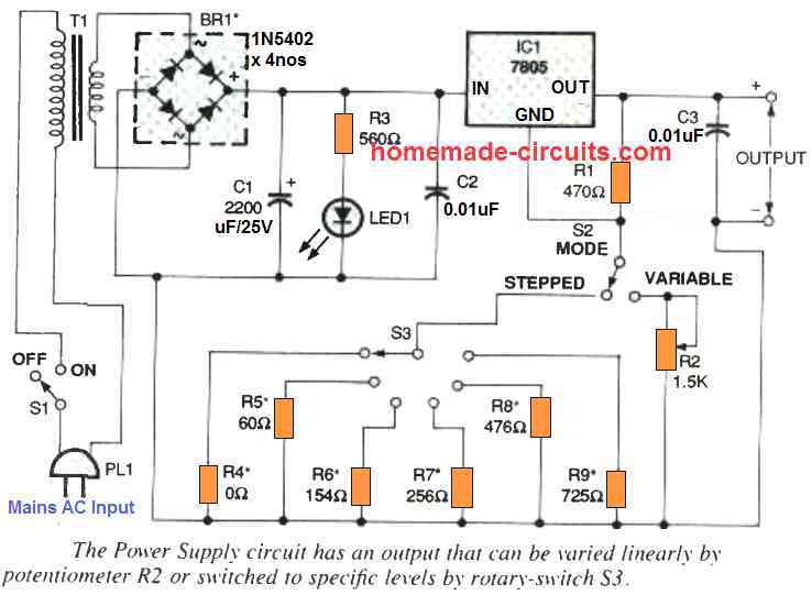 IC 7805 Variable Power Supply Circuit [5V to 15V] Homemade Circuit Projects