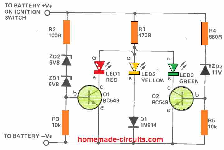 3 LED battery indicator using transistors