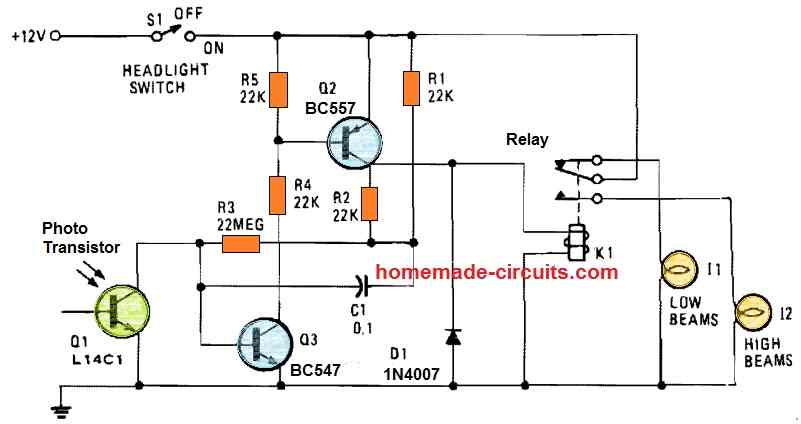 Automobile dimmer dipper lamp circuit diagram using BJTs and photo transistor.