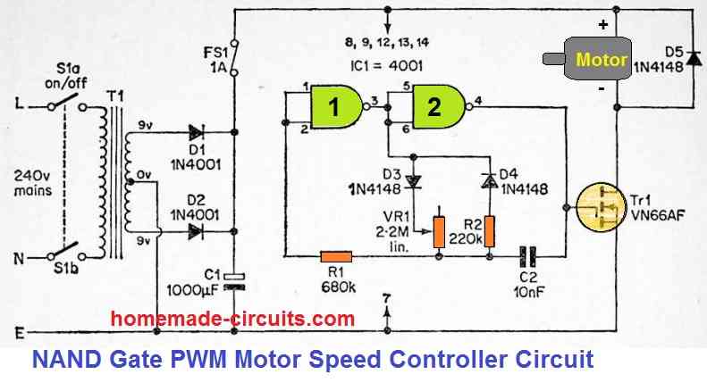 NAND gate DC motor speed controller circuit