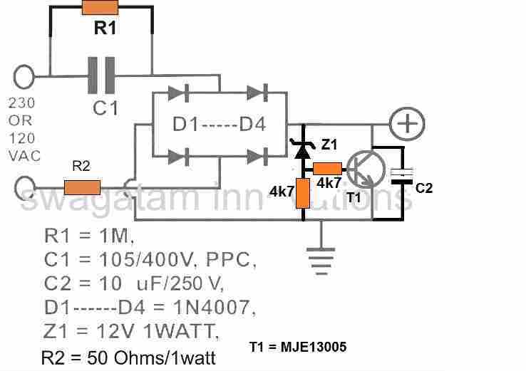 300 ma stabilized capacitive power supply circuit using MJE13005