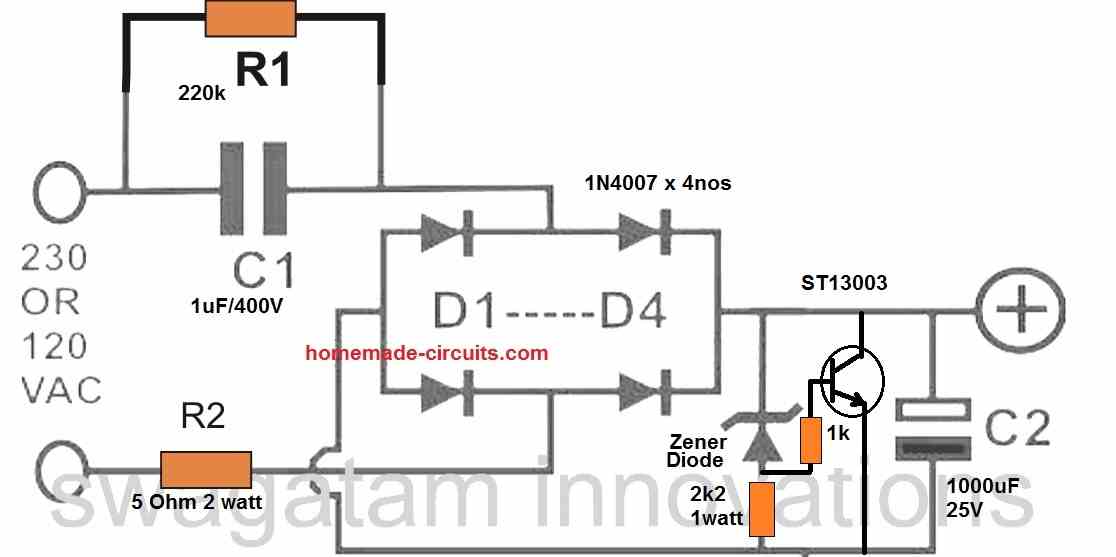 Modernisere ære Recept 4 Simple Transformerless Power Supply Circuits Explained | Homemade Circuit  Projects