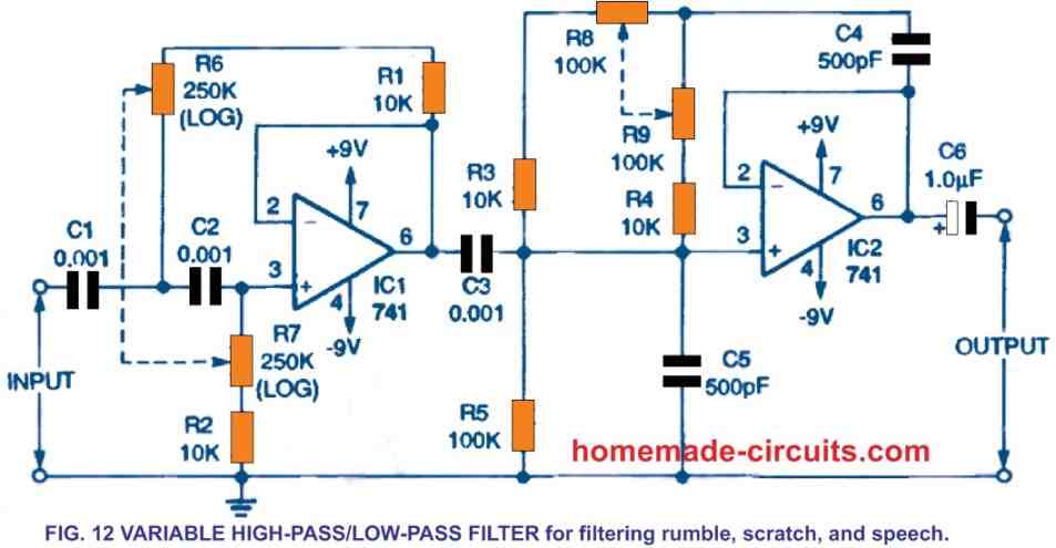 flexible, adjustable high-pass/low-pass filter circuit diagram for eliminating rumble and scratch noise from voice audio