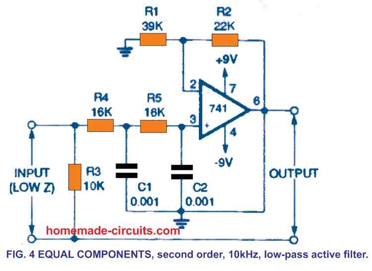 second-order filter circuit diagram featuring a cutoff frequency of 10 kHz