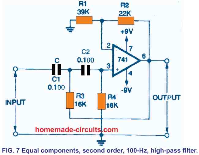 "equal component" variant of the second order 100 Hz high pass filter circuit diagram