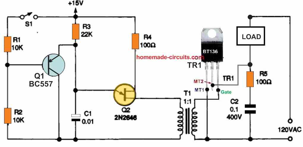 UJT triac switching with a pulse transformer