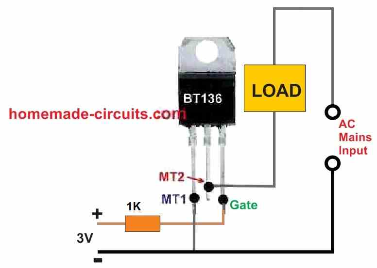 how to connect triac with mains AC, load and DC gate trigger