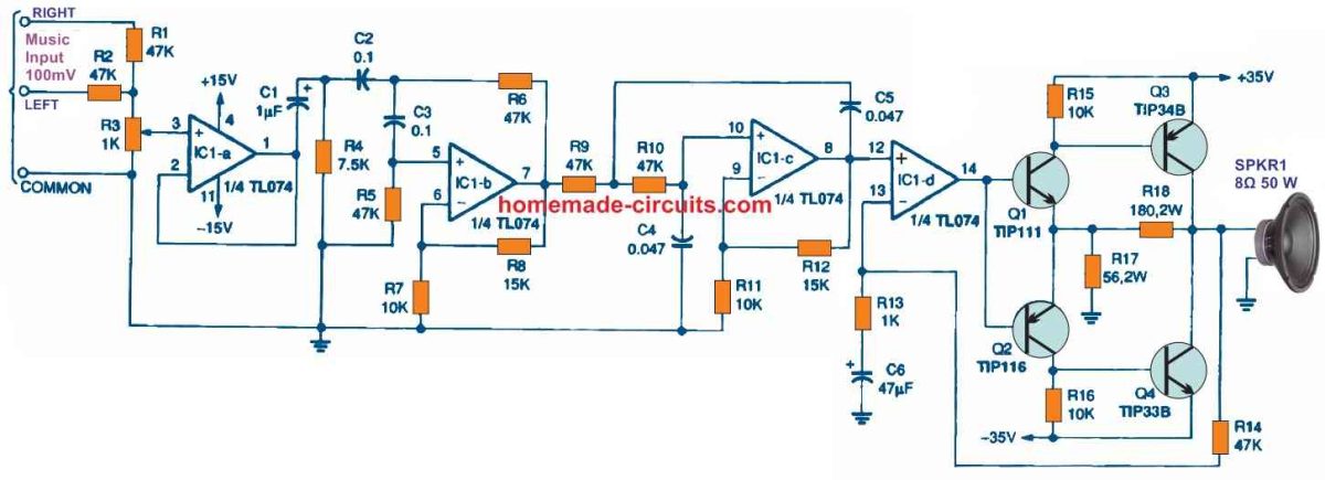 50 watt subwoofer amplifier circuit with filter