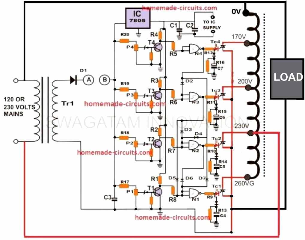 automatic voltage stabilizer circuit diagram using triacs and SCRs.