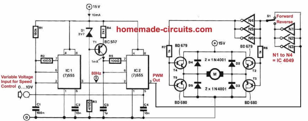 high torque DC motor speed controller circuit with H-bridge control