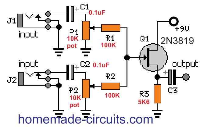 single FET audio mixer circuit