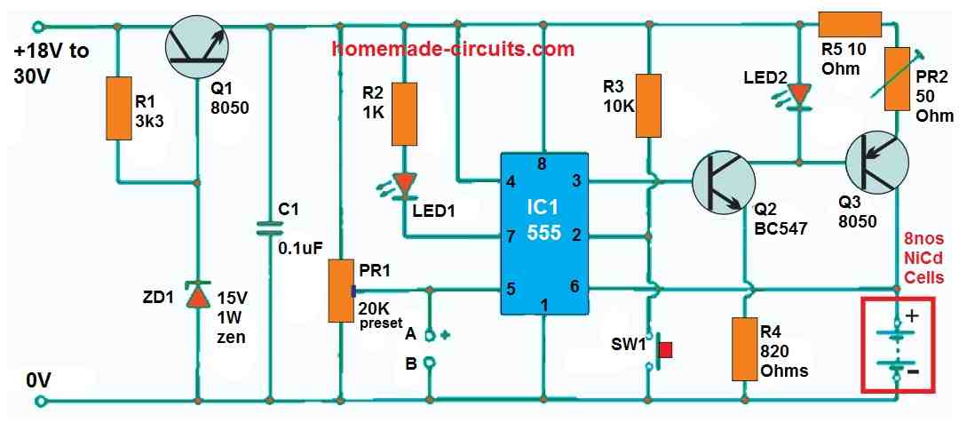 automatic 8 NiCd battery charger circuit