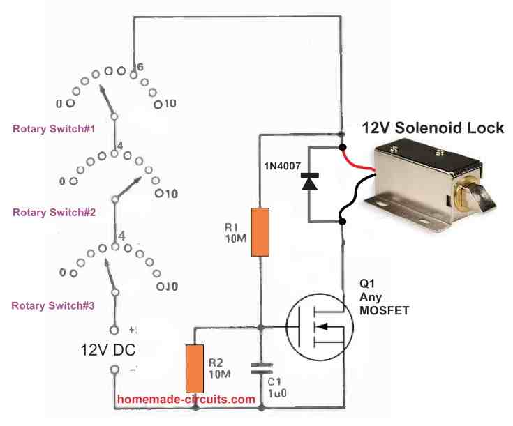 simple combination lock using rotary switches and delay time