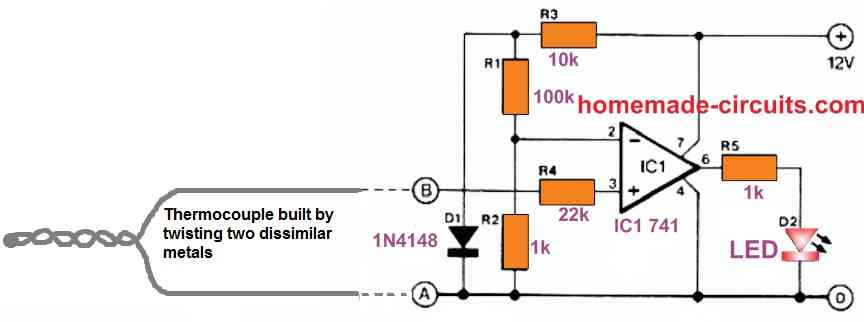 op-amp simple Thermocouple Temperature Meter Circuit Diagram