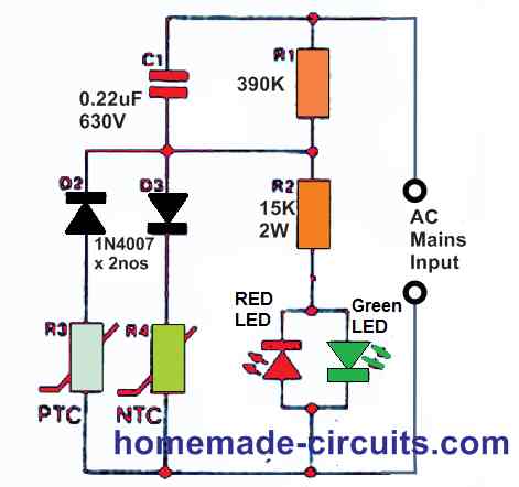 220 V temperature indicator circuit using PTC, NTC thermistors