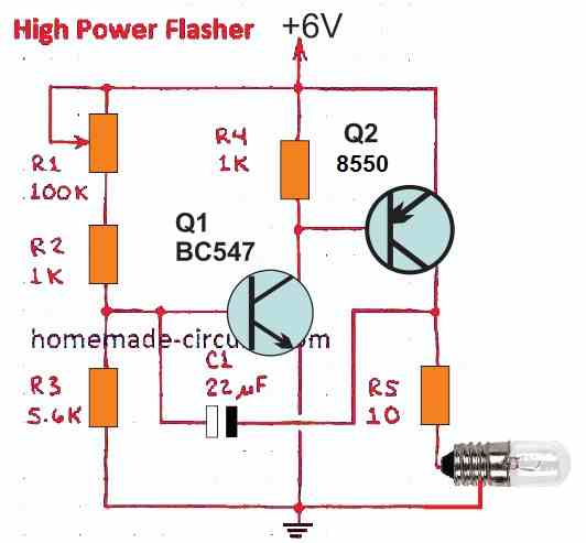 high power flasher circuit using two transistors