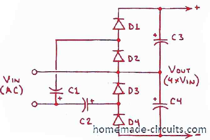 Voltage Quadrupler circuit using diodes and capacitors