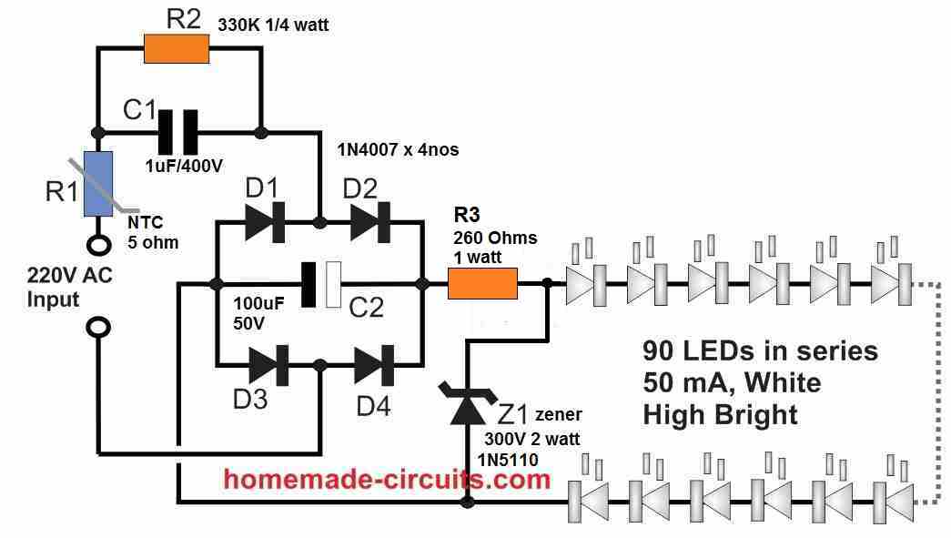 simple capacitive LED driver schematic