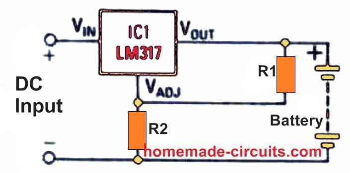 LM317 fixed constant voltage battery regulator circuit
