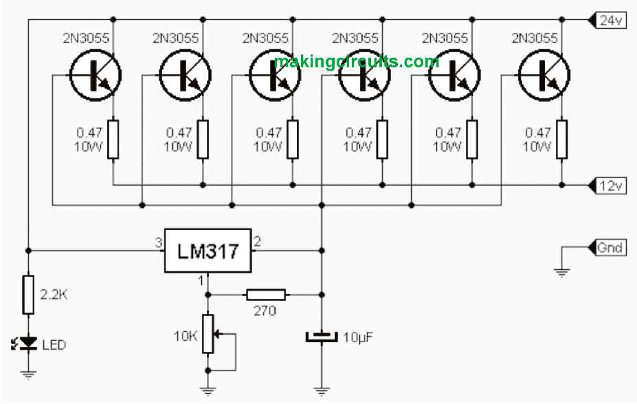 high current LM317 power supply through 2N3055 emitter follower