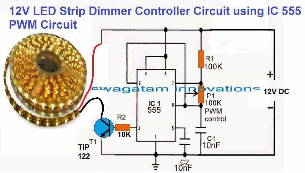 12V LED Strip Dimmer Controller Circuit using IC 555 PWM Circuit