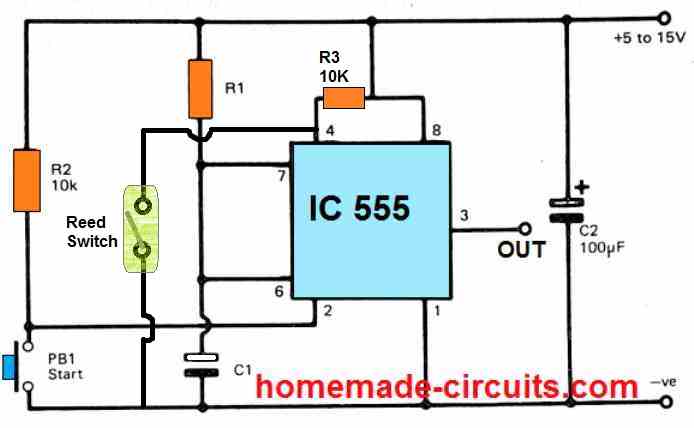 modified IC 555 monostable circuit with reed relay switch