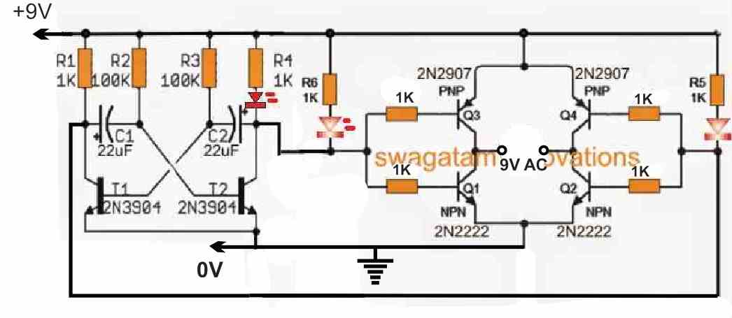 9V DC to 9V AC converter circuit