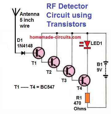 Simple RF Detector Circuit  Electronic circuit projects, Detector,  Transistors