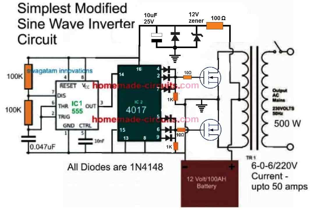 400 watt true modified sine wave inverter circuit using IC 4017