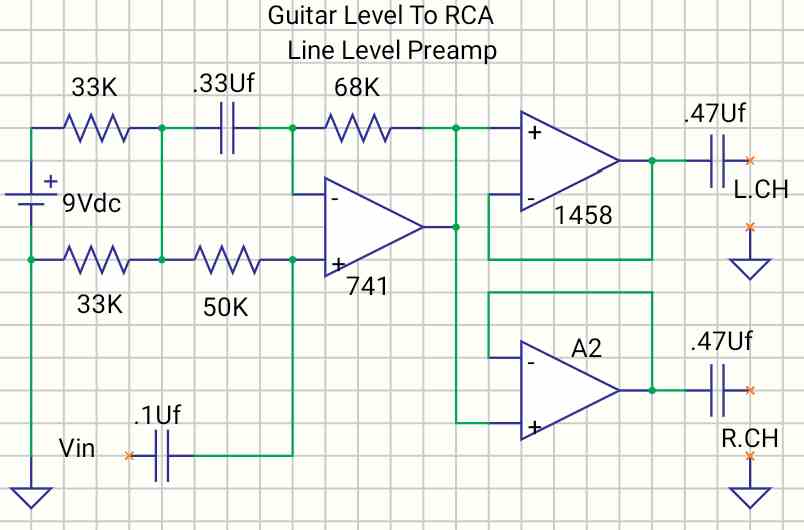 guitar level to RCA line level preamp