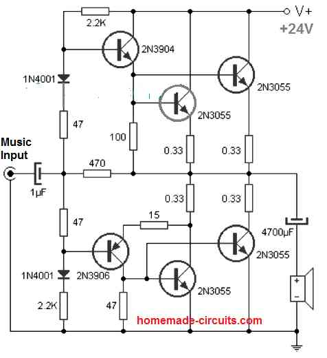 simplest 100 watt amplifier using 5 BJTs only