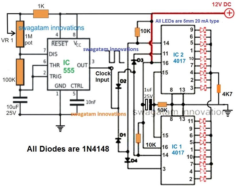 18 LED chaser circuit using cascaded 4017 ICs